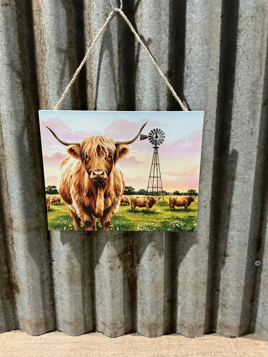 Highland Cow Hanging Plaque with Windmill