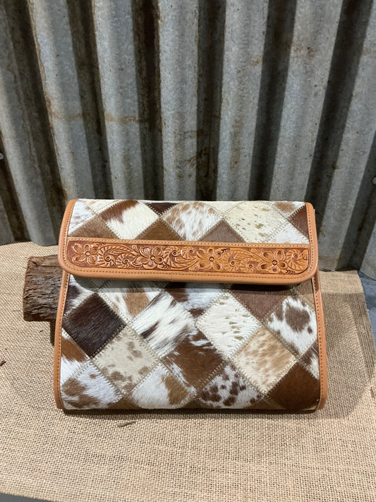 Patchwork Cowhide and Tooling Leather Makeup Bag