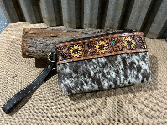 Cowhide sunflower Tooling Leather Clutch