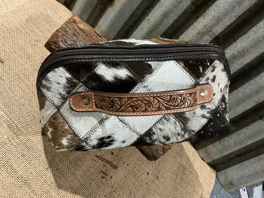 Patchwork Cowhide and Tooling Leather Cosmetic Bag