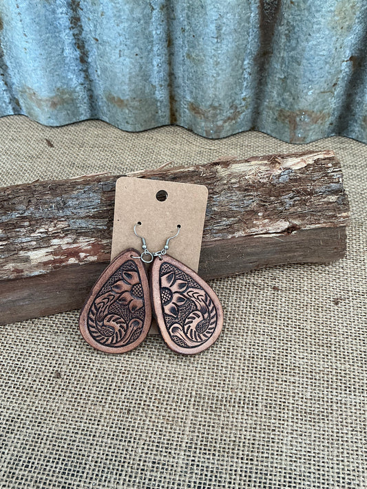 Dark Brown Colored Tooled Pear Drop Earrings