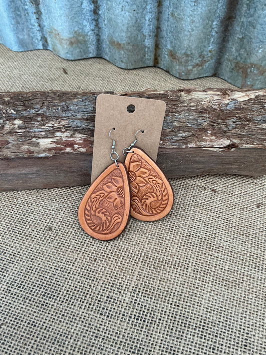 Tan Colored Tooled Pear Drop Earrings
