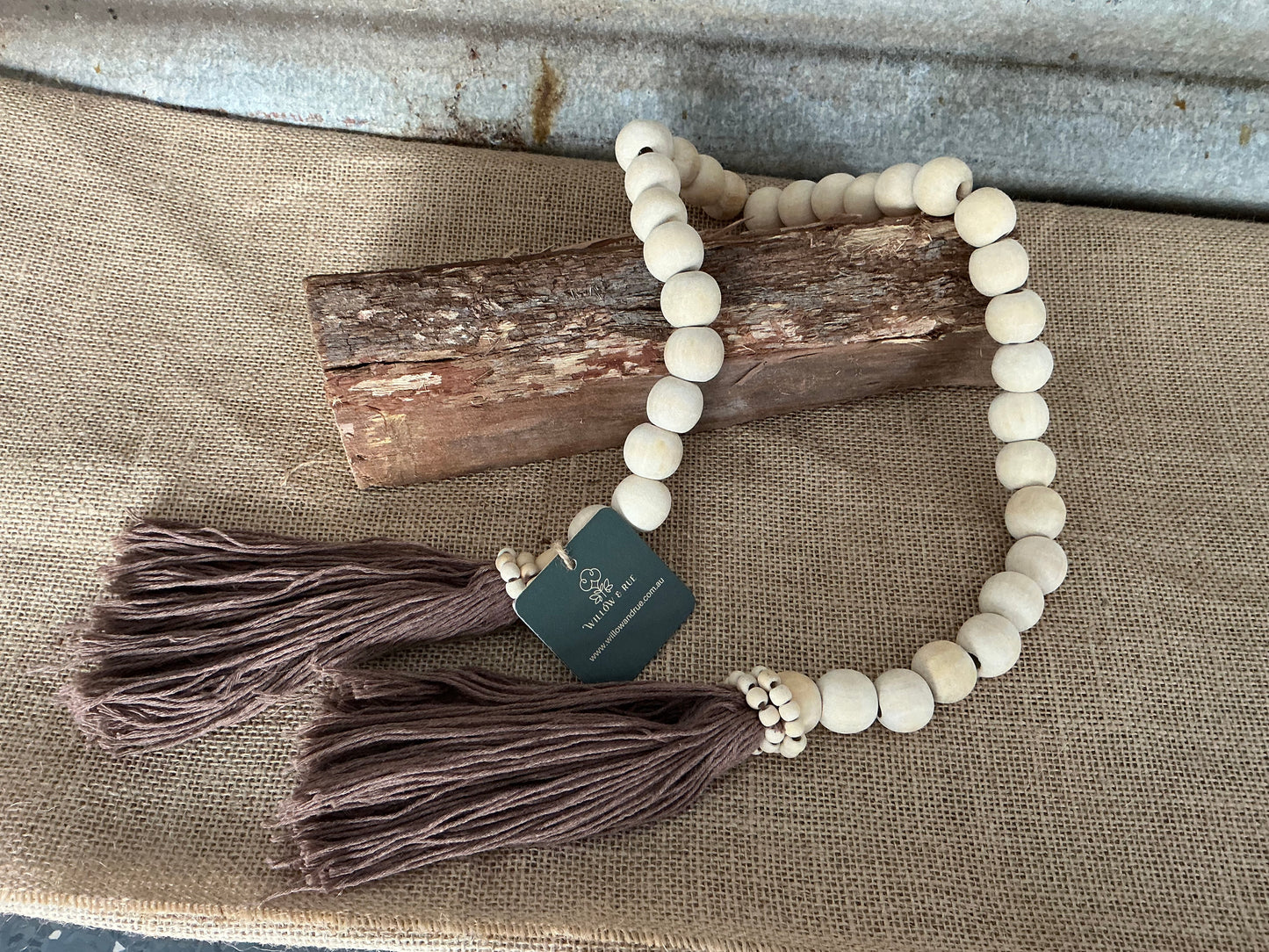 Natural Wooden Bead Garland with Mocha Tassels
