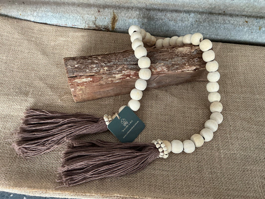 Natural Wooden Bead Garland with Mocha Tassels