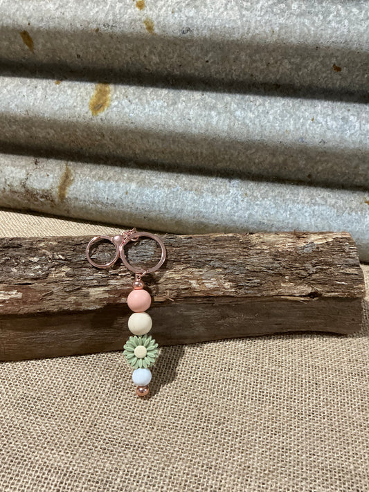 Pastel Daisy Beaded Keyring with Rose Gold Accents