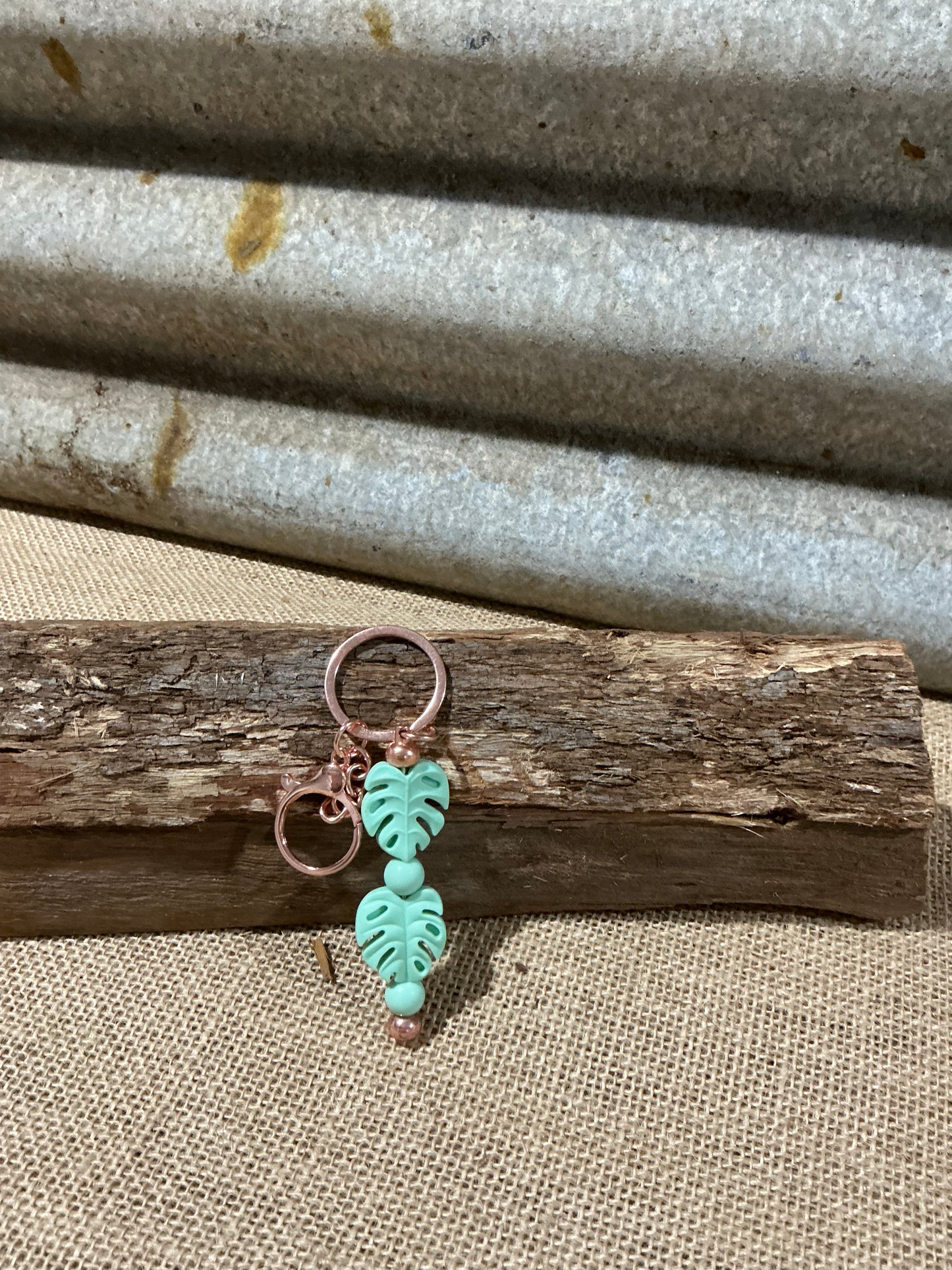 Monstera Leaf Beaded Keyring with Rose Gold Accents