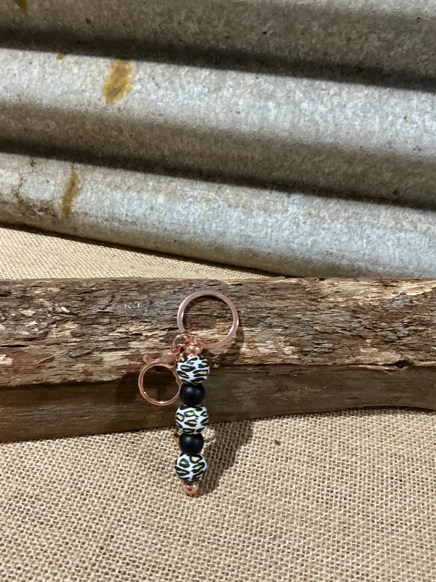 Animal Print Beaded Keyring with Rose Gold Hardware