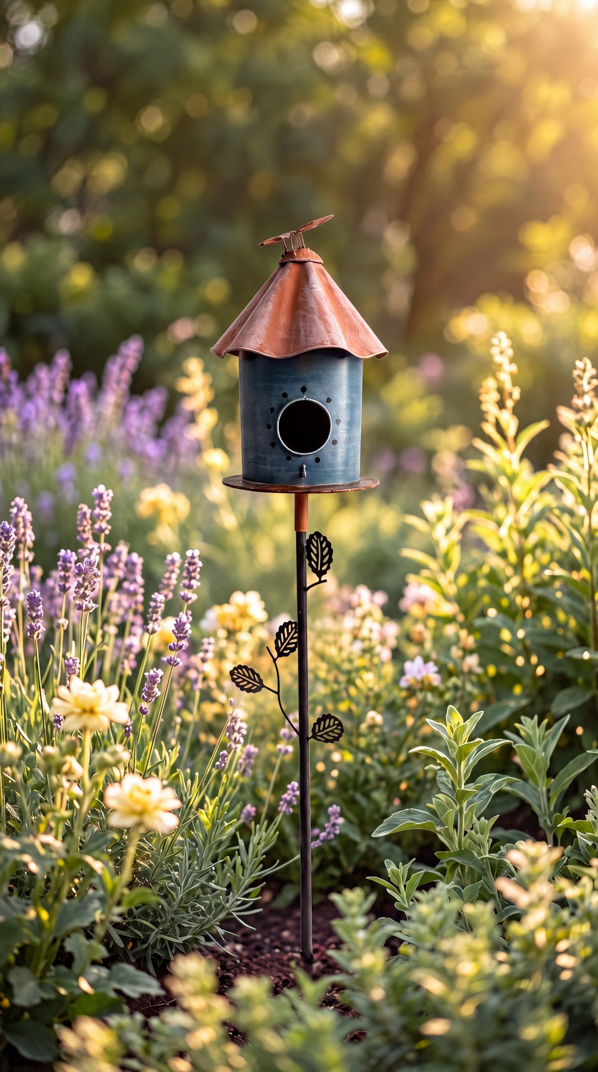 Birdhouse With Perched Bird on Leafy Garden
