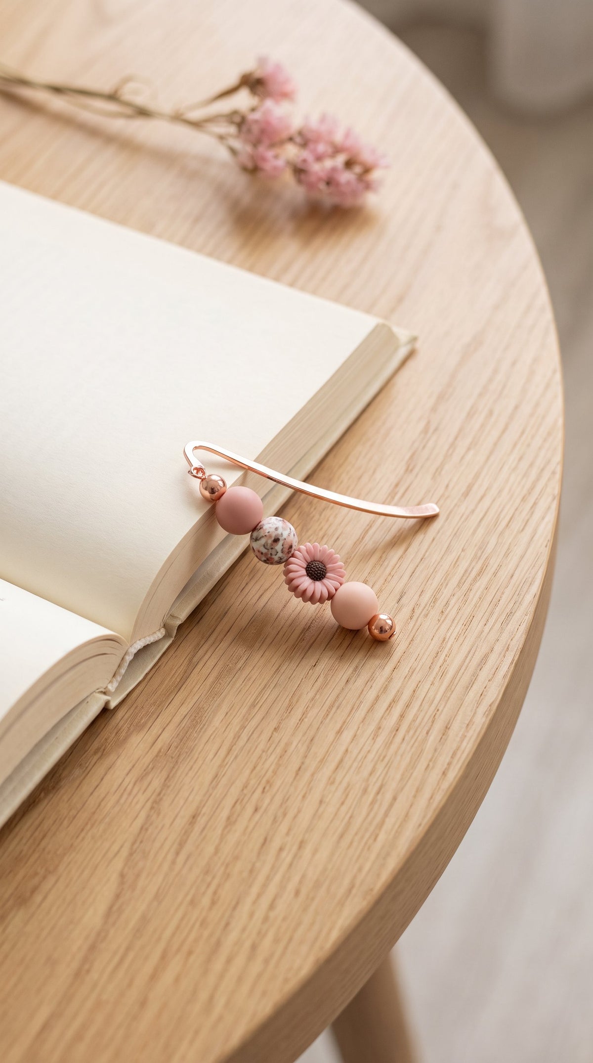 Blush Pink Daisy Beaded Bookmark with Rose Gold Detail