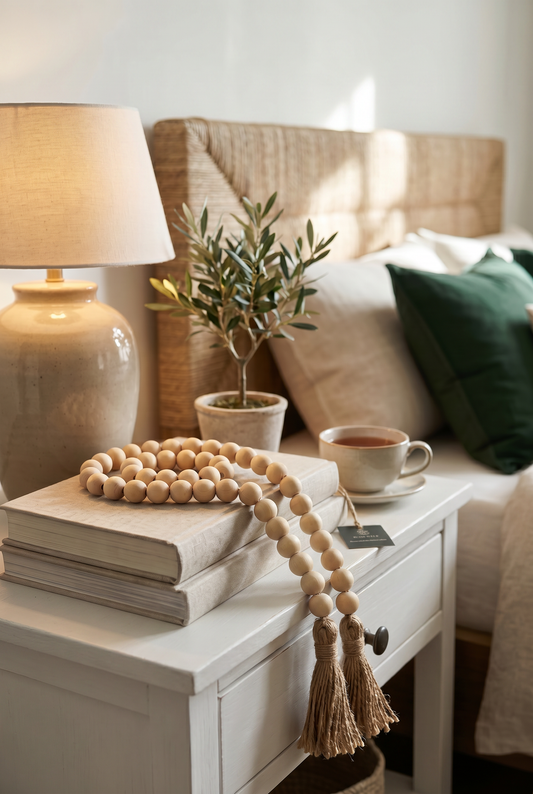 Natural Wooden Bead Garland with Mocha Tassels