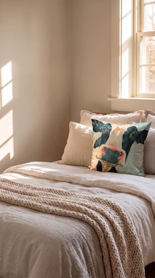Canvas Style Country Cow Cushion Light Blue Background