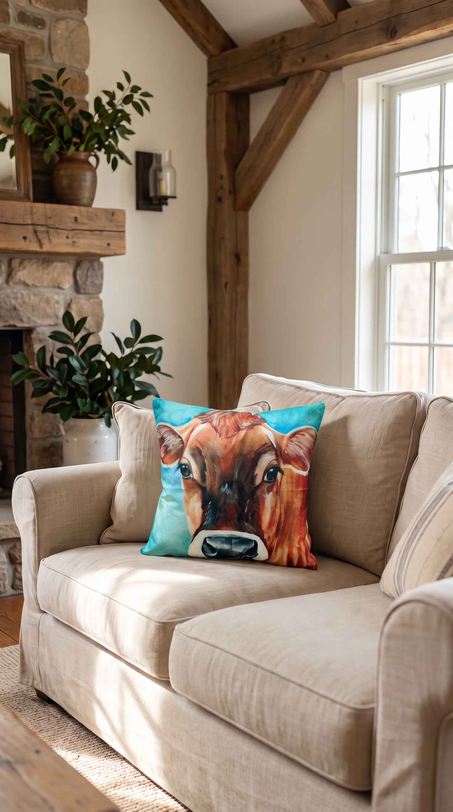 Canvas Style Country Cow Cushion Blue/Green Background