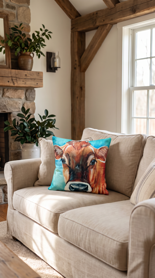 Canvas Style Country Cow Cushion Blue/Green Background