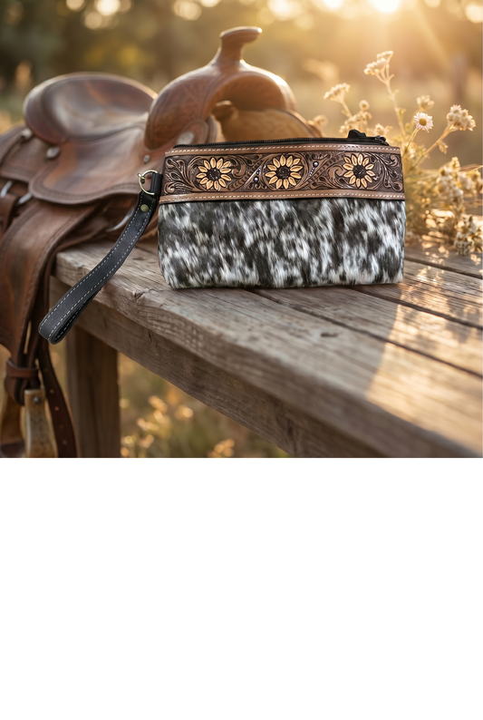 Cowhide sunflower Tooling Leather Clutch