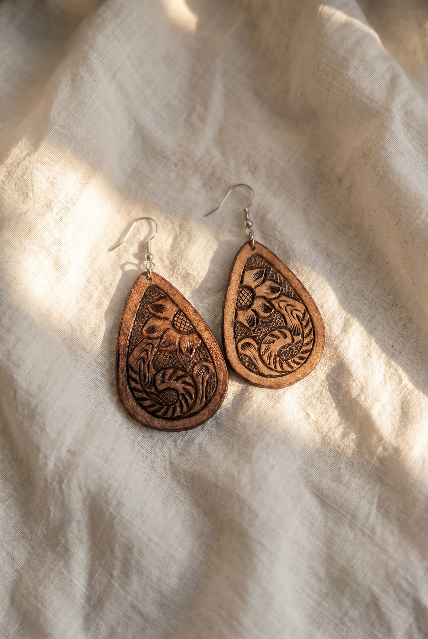 Dark Brown Colored Tooled Pear Drop Earrings
