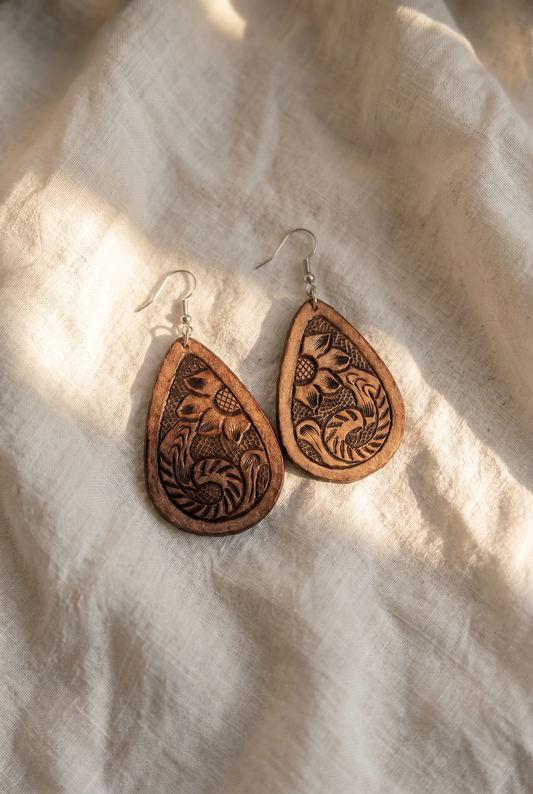 Dark Brown Colored Tooled Pear Drop Earrings