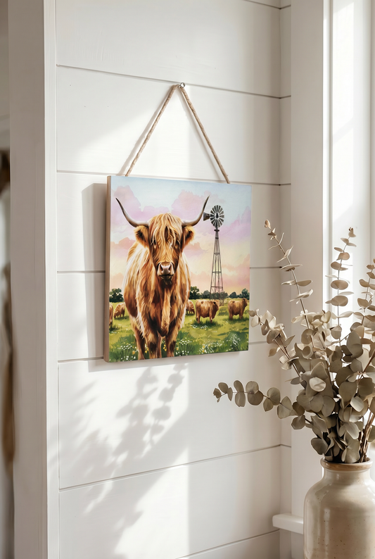 Highland Cow Hanging Plaque with Windmill