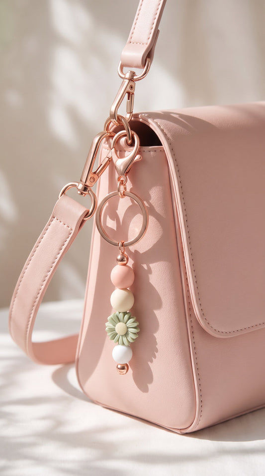 Pastel Daisy Beaded Keyring with Rose Gold Accents