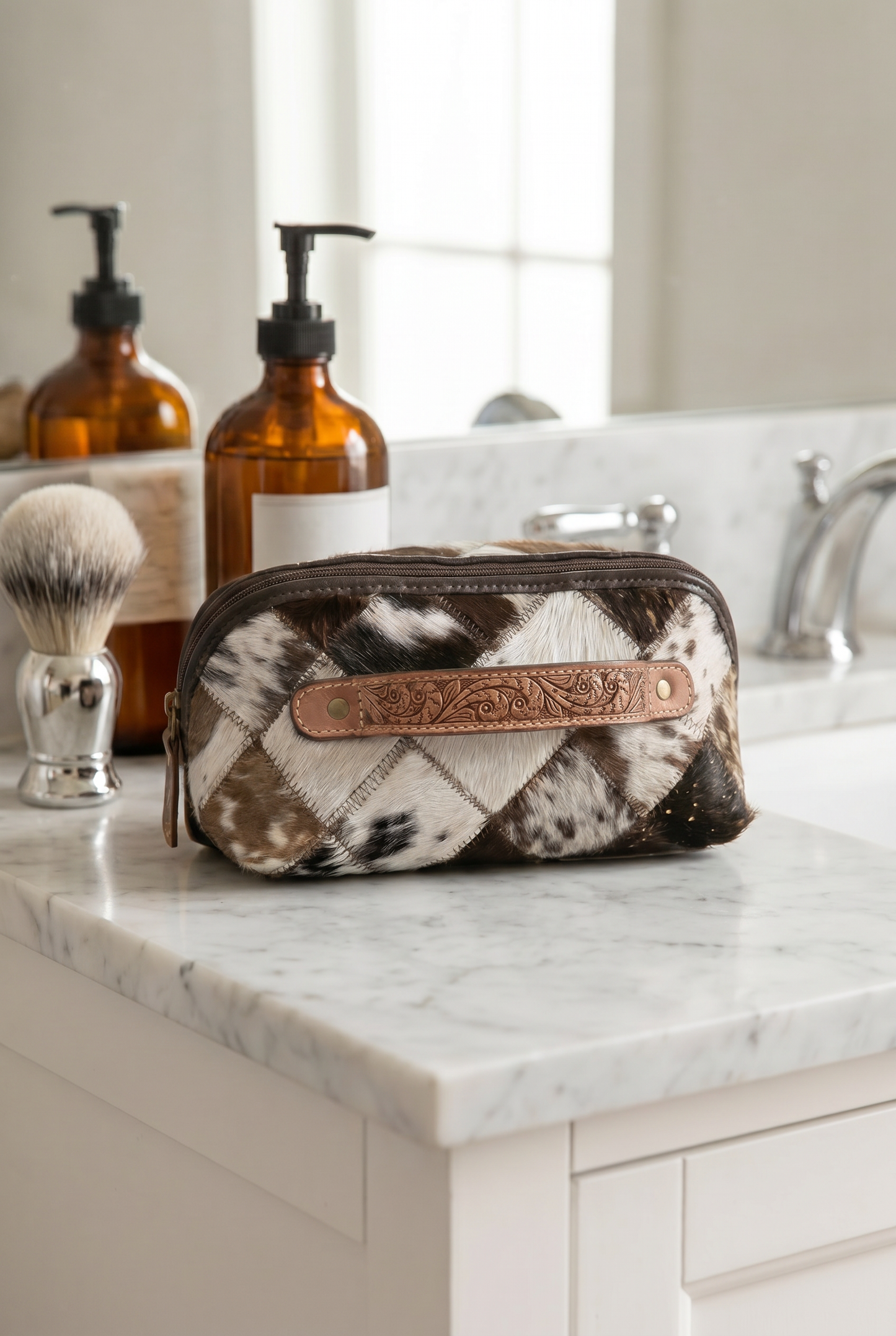 Patchwork Cowhide and Tooling Leather Cosmetic Bag