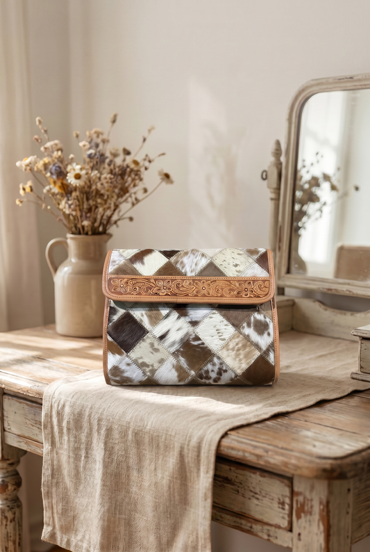 Patchwork Cowhide and Tooling Leather Makeup Bag
