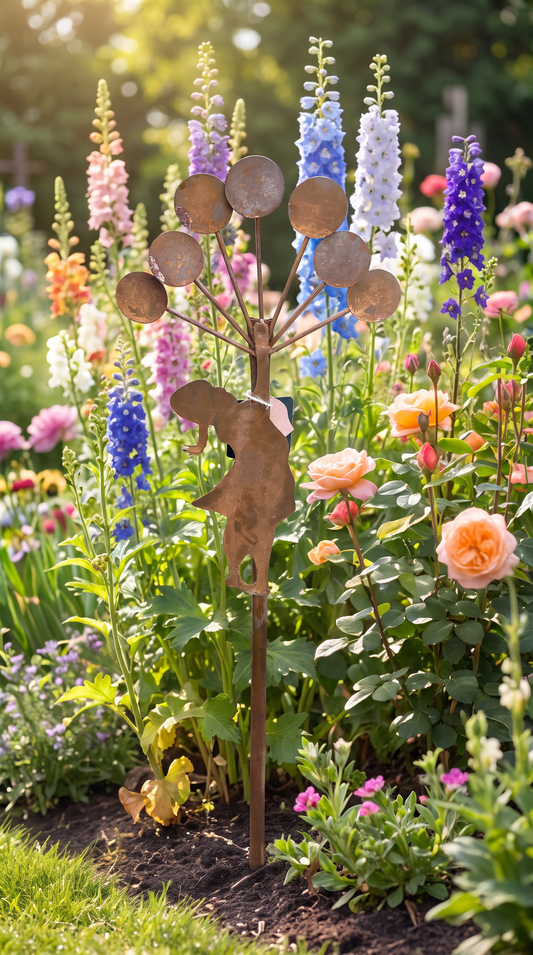 Rust Girl With Balloons Garden Stake