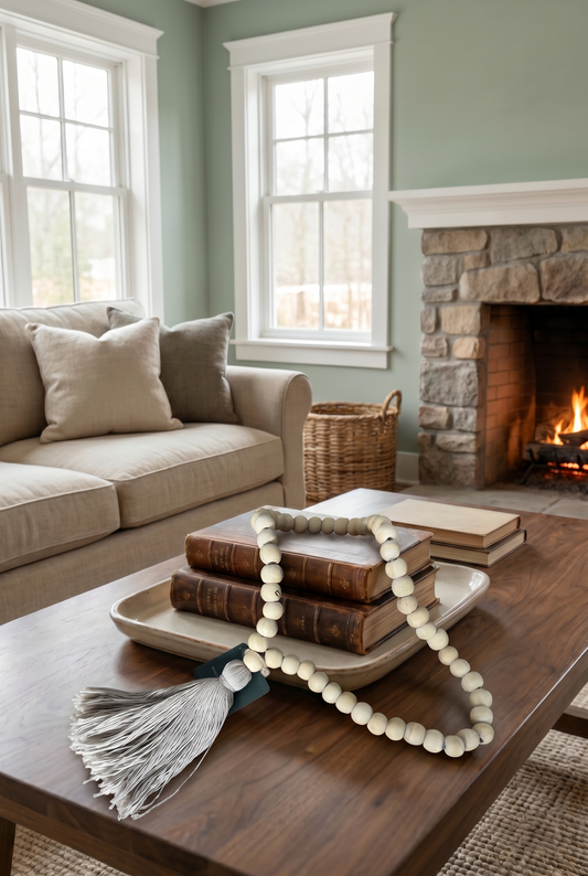 Rustic Boho Wooden Bead Garland with Neutral Tassel