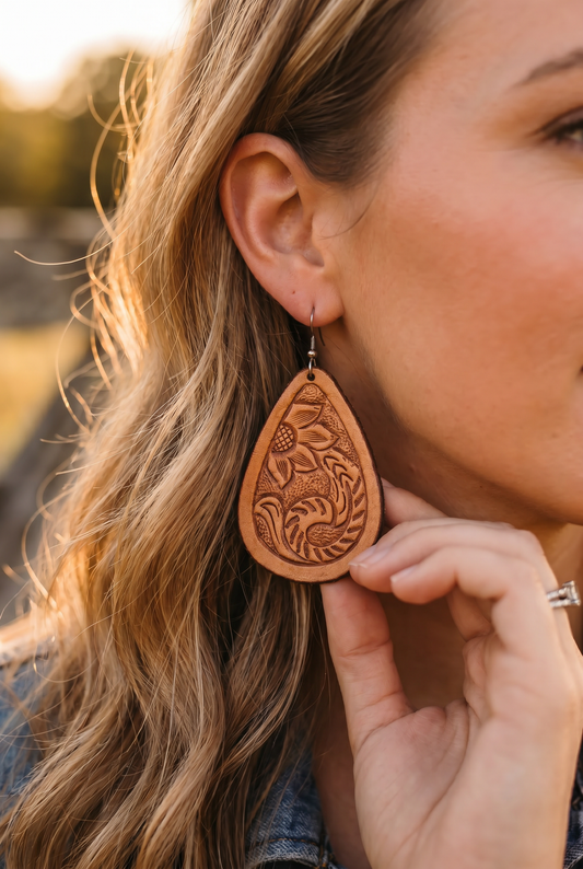 Tan Colored Tooled Pear Drop Earrings