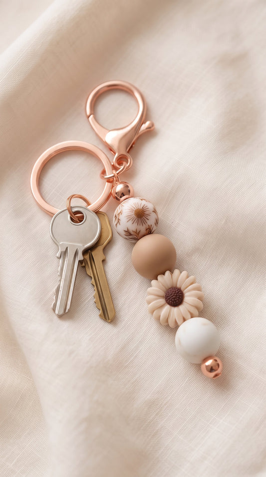 Vintage Daisy Beaded Keyring with Rose Gold Hardware