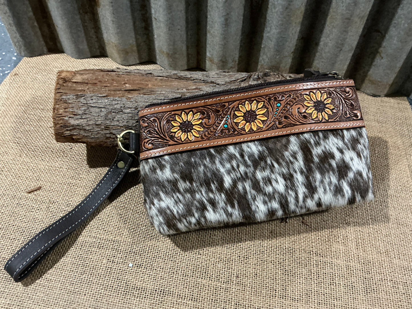 Cowhide sunflower Tooling Leather Clutch