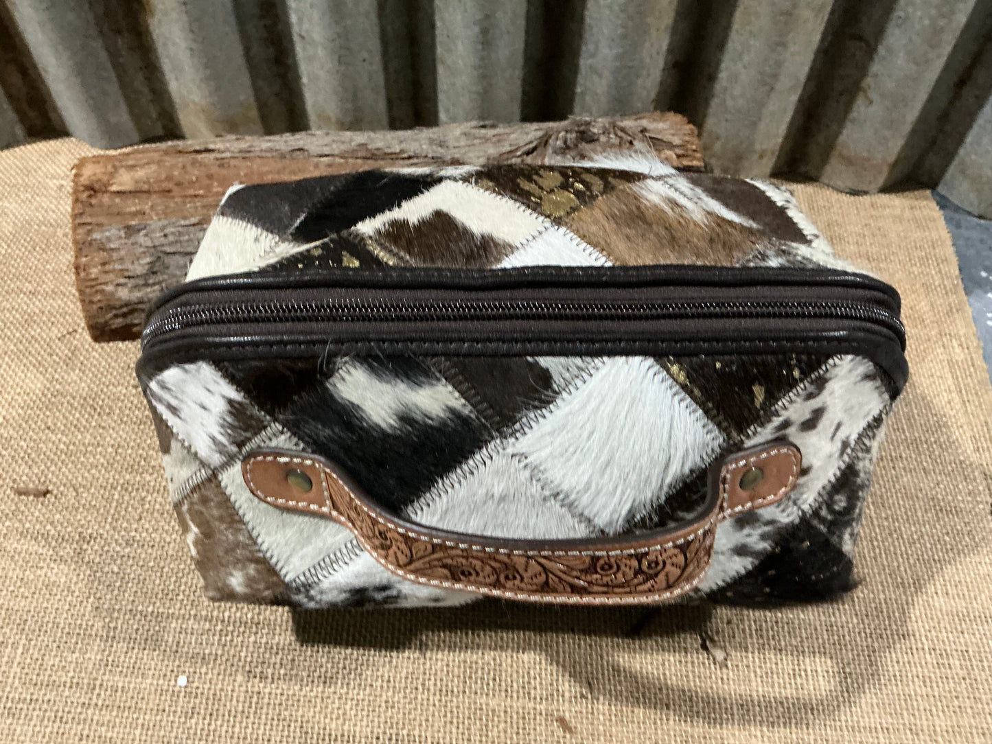Patchwork Cowhide and Tooling Leather Cosmetic Bag