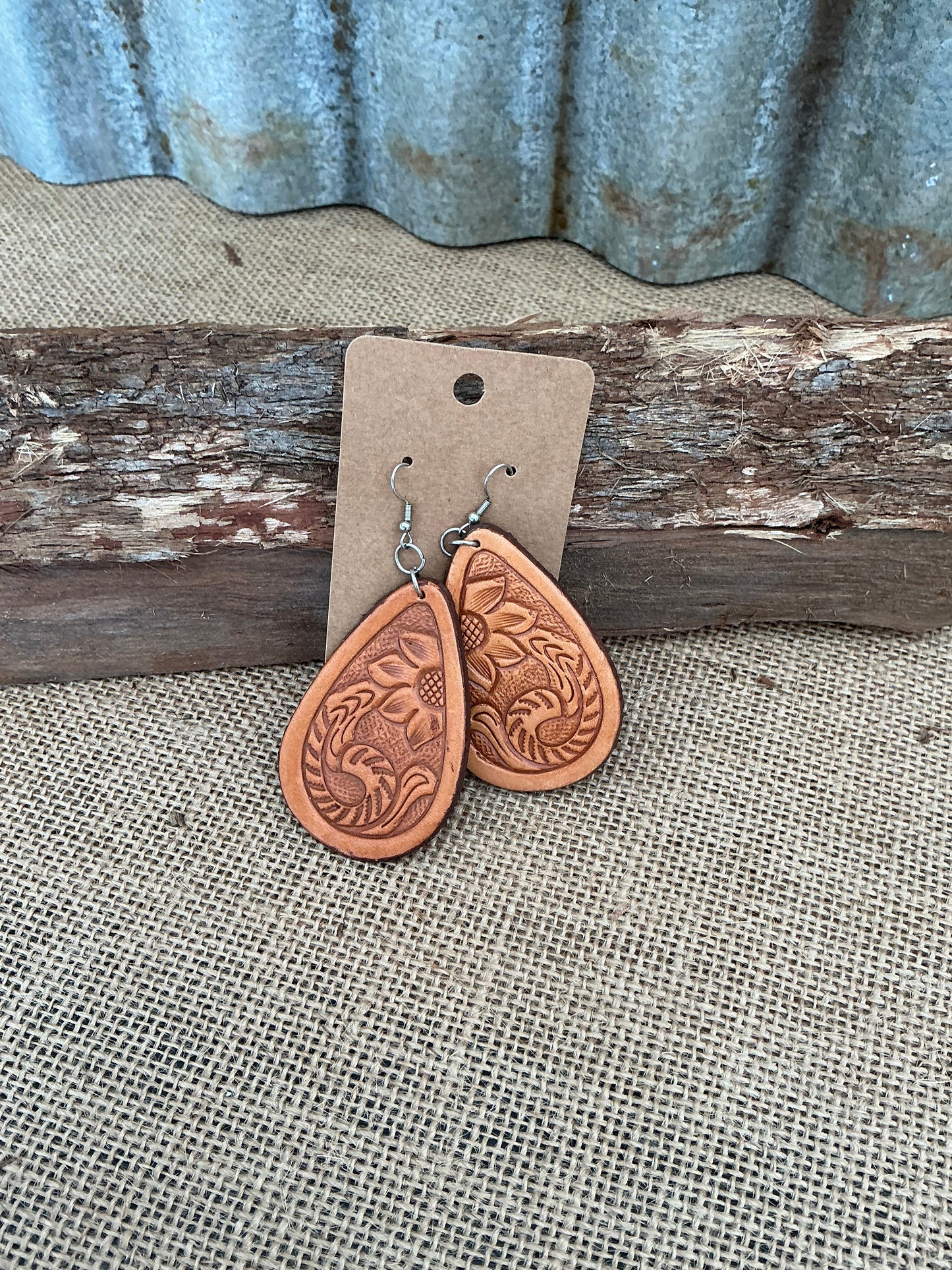 Tan Colored Tooled Pear Drop Earrings