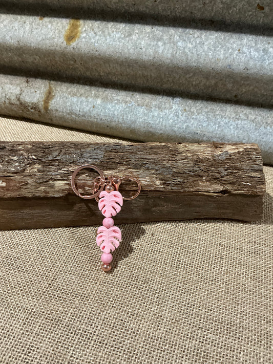 Pink Monstera Leaf Beaded Keyring with Rose Gold Accents