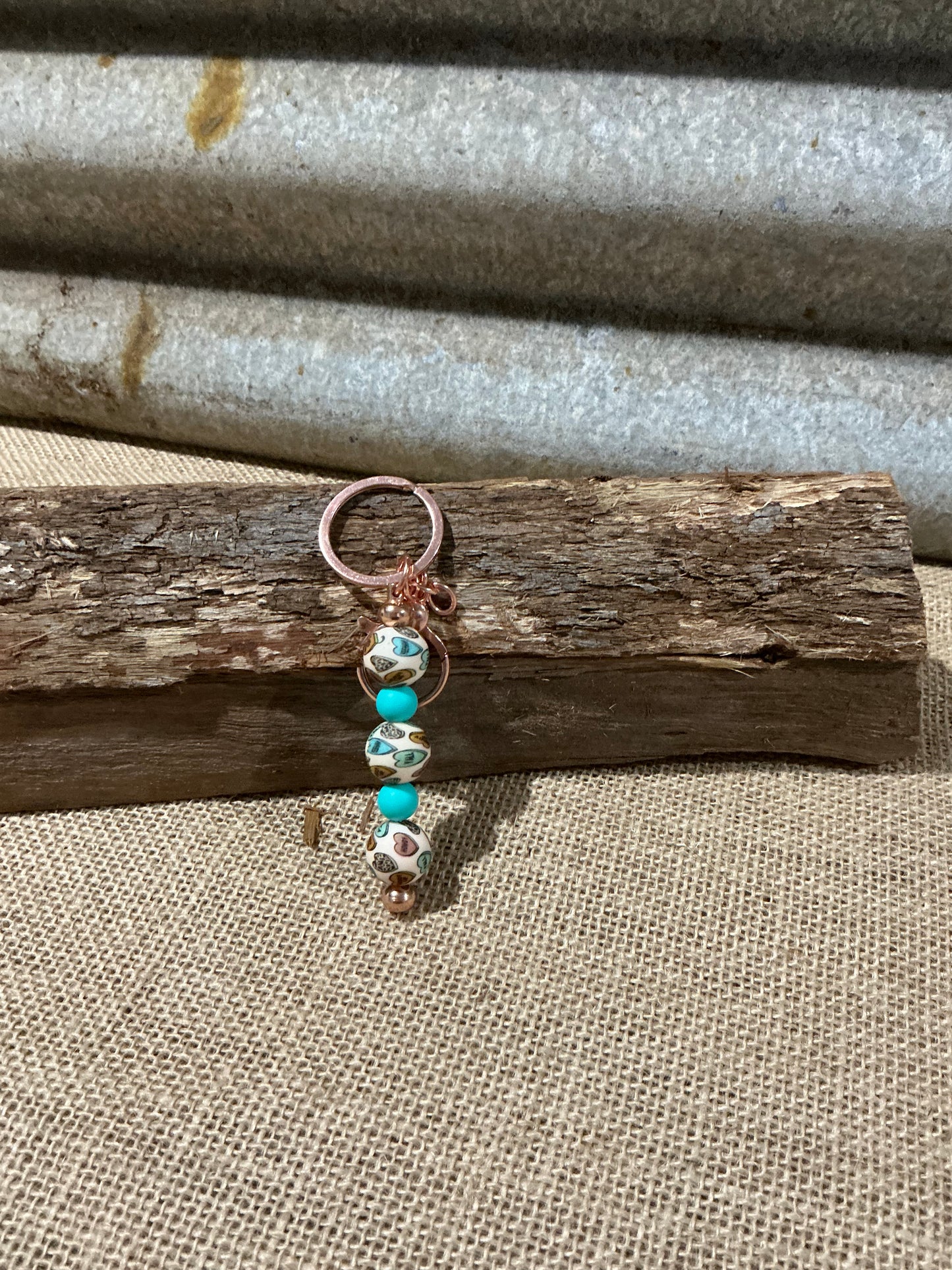 Turquoise Patterned Beaded Keyring with Rose Gold Hardware
