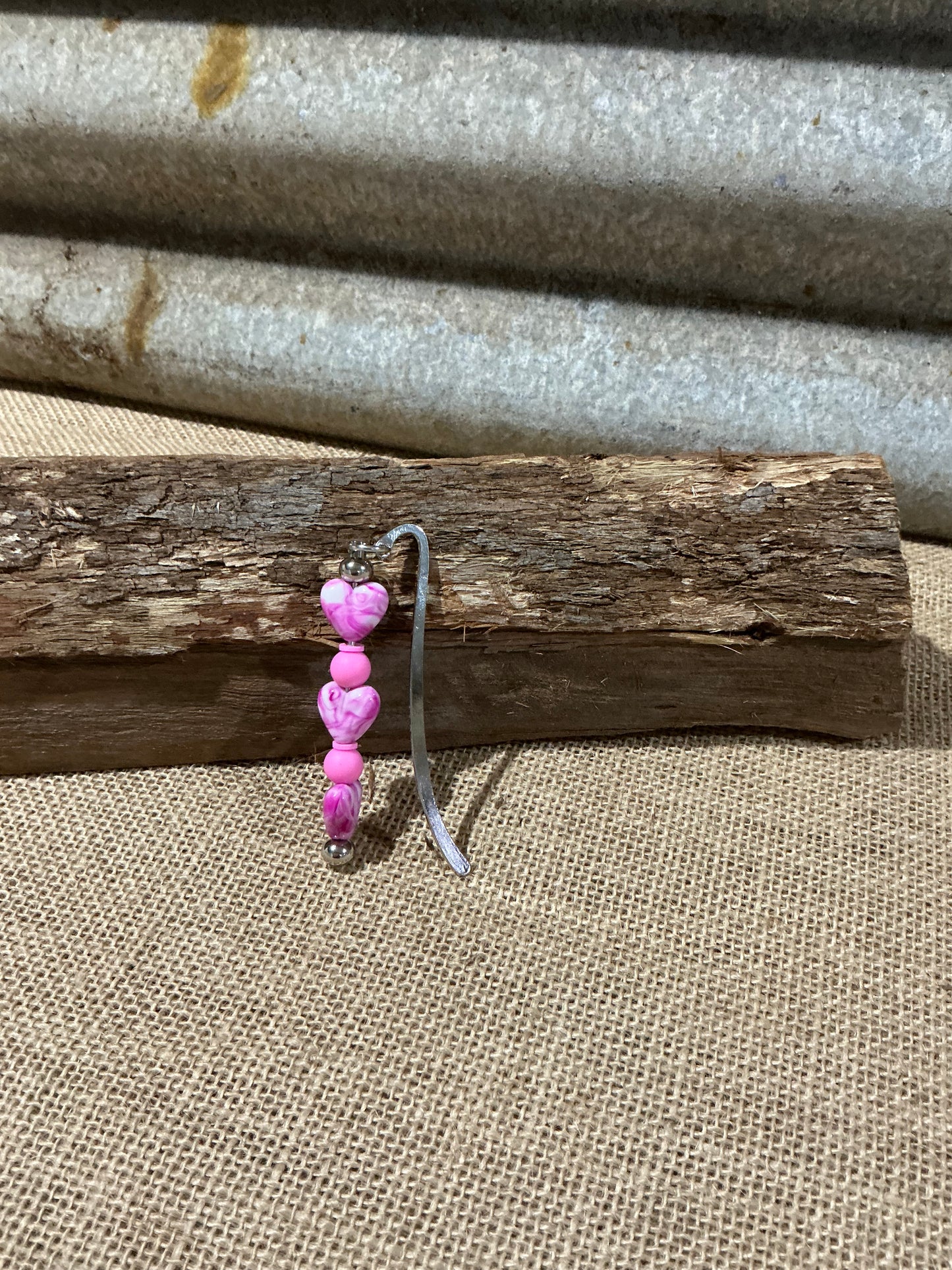 Marbled Pink Heart Beaded Bookmark with Silver Hook