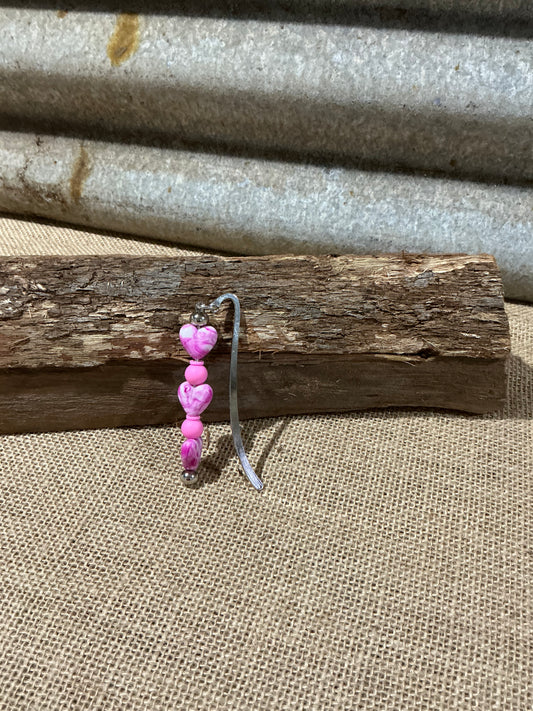 Marbled Pink Heart Beaded Bookmark with Silver Hook