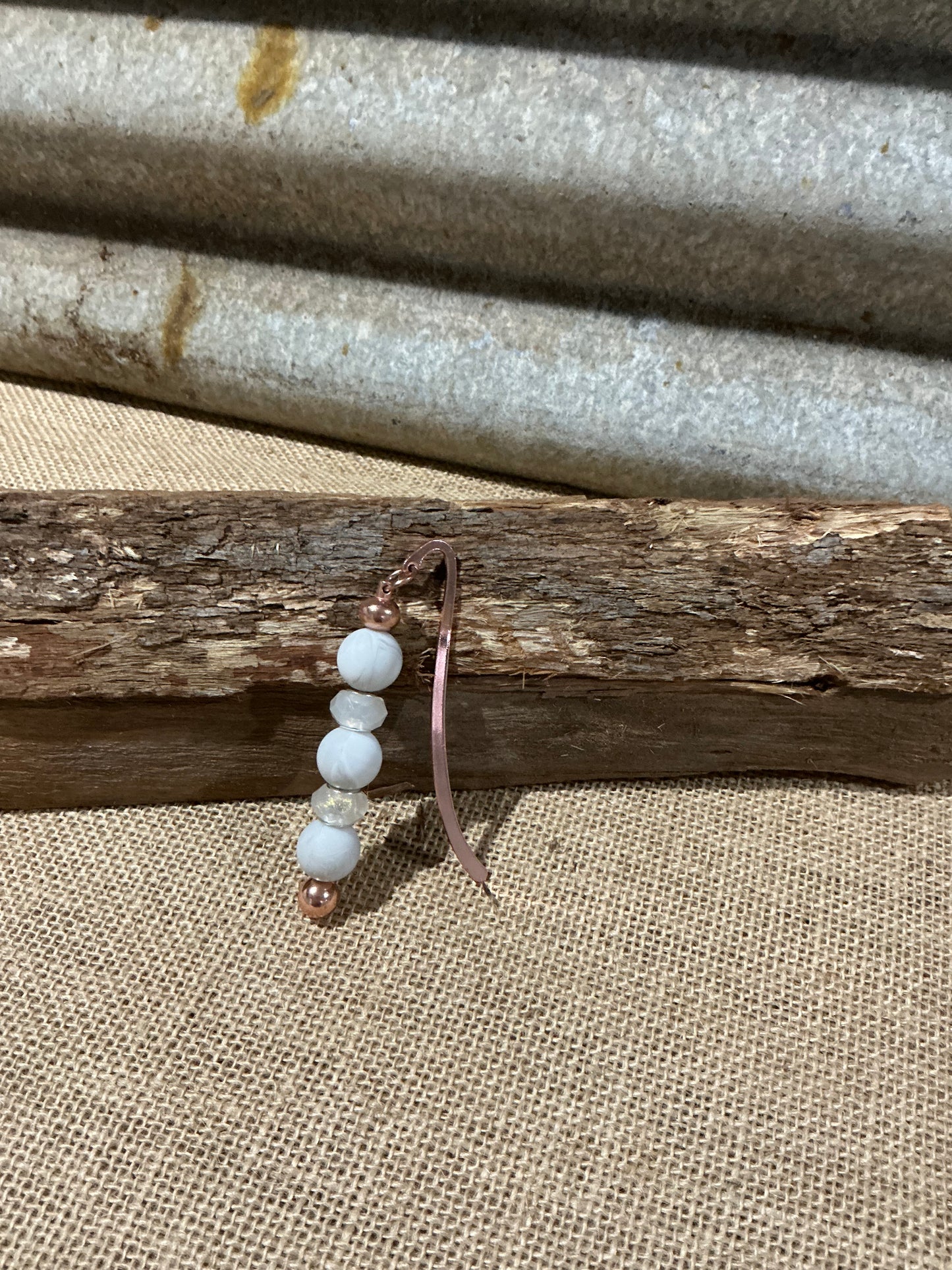 White Marbled & Crystal Beaded Bookmark with Rose Gold Detail