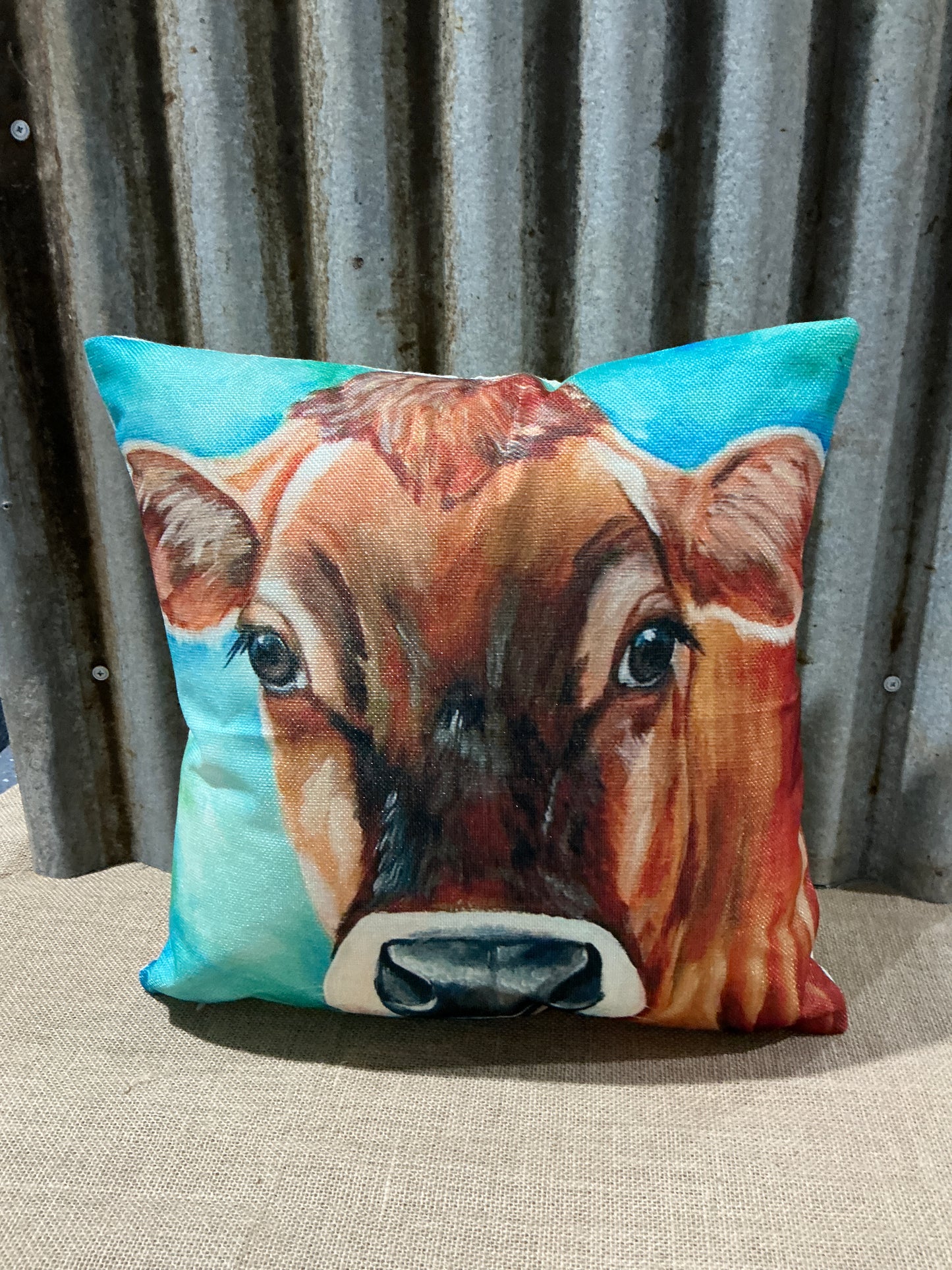 Canvas Style Country Cow Cushion Blue/Green Background
