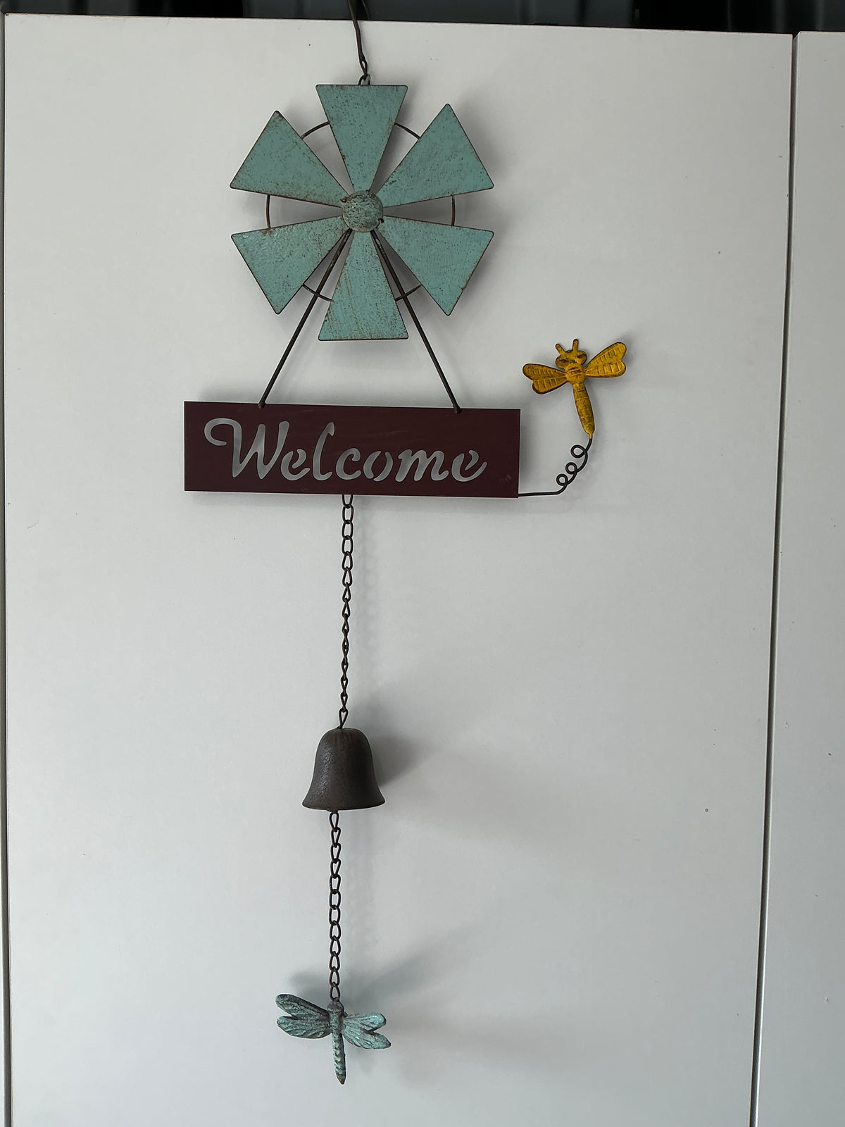 Hanging Welcome Windmill with Bell & Dragonflies